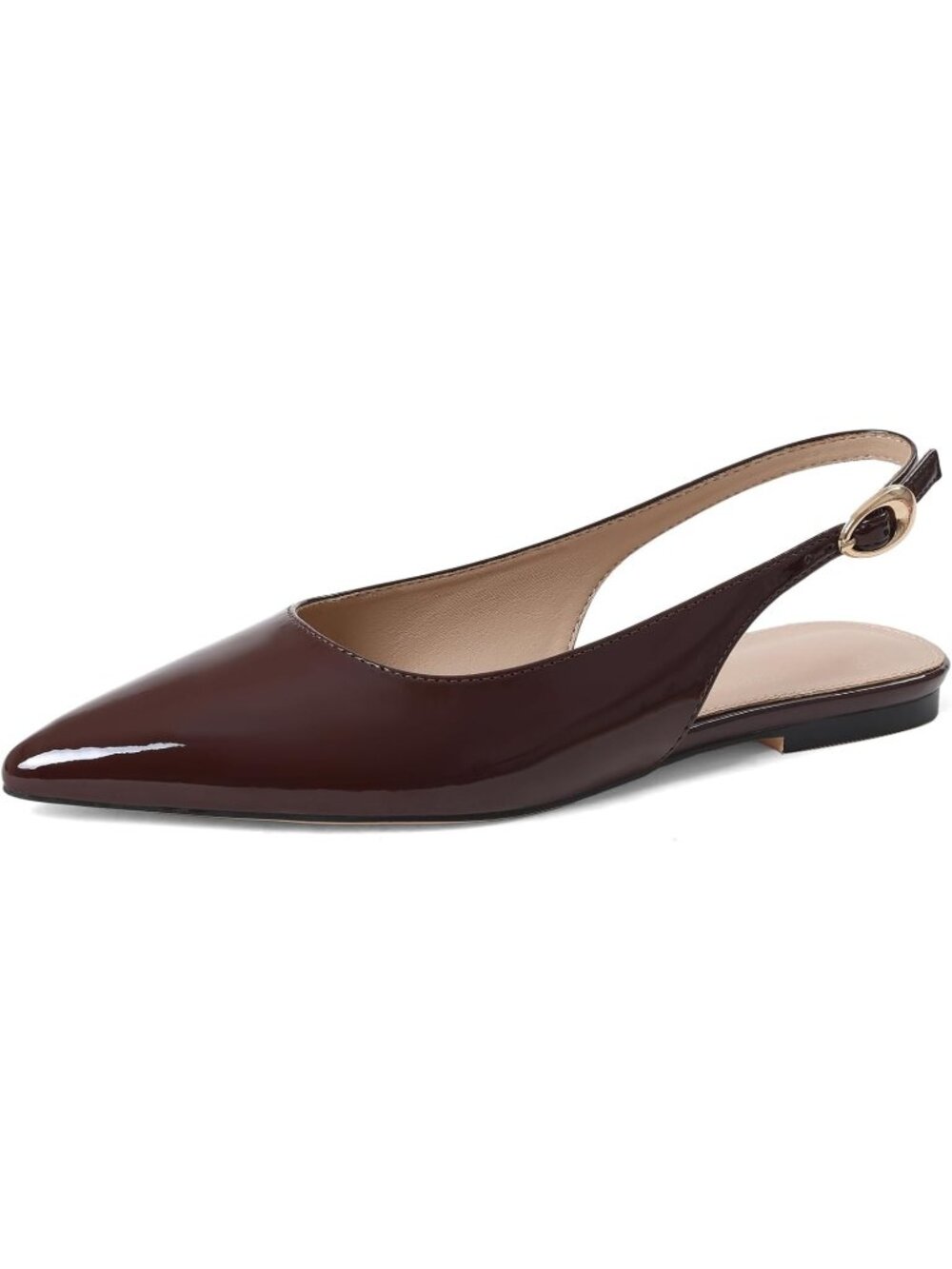 🆕Women's Chocolate Pointed Toe Slingback Flats Patent Leather Buckle Work Shoes